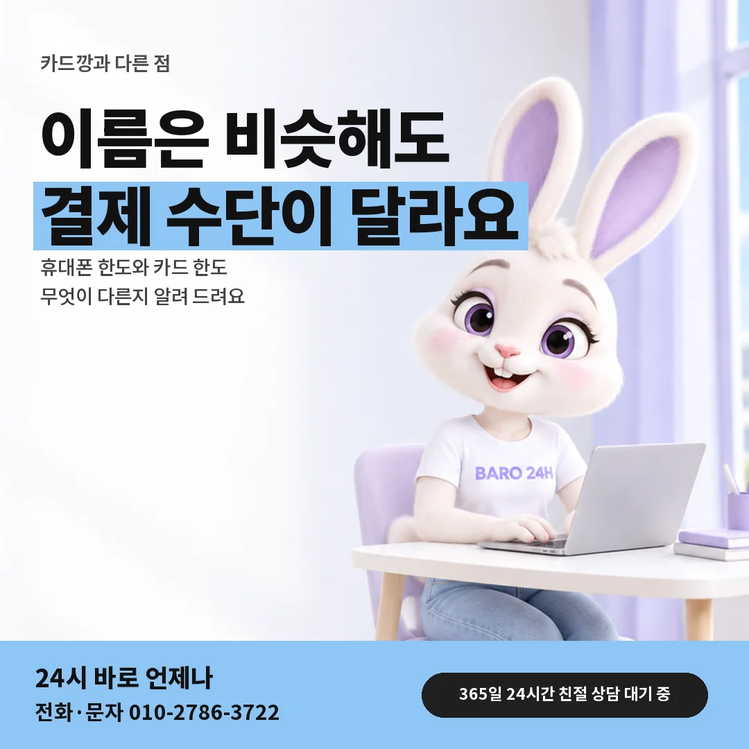 휴대폰을 보며 웃는 BARO 24H 티셔츠를 입은 3D 토끼 캐릭터 옆에 「카드깡과 다른 점」 제목을 얹은 안내 카드