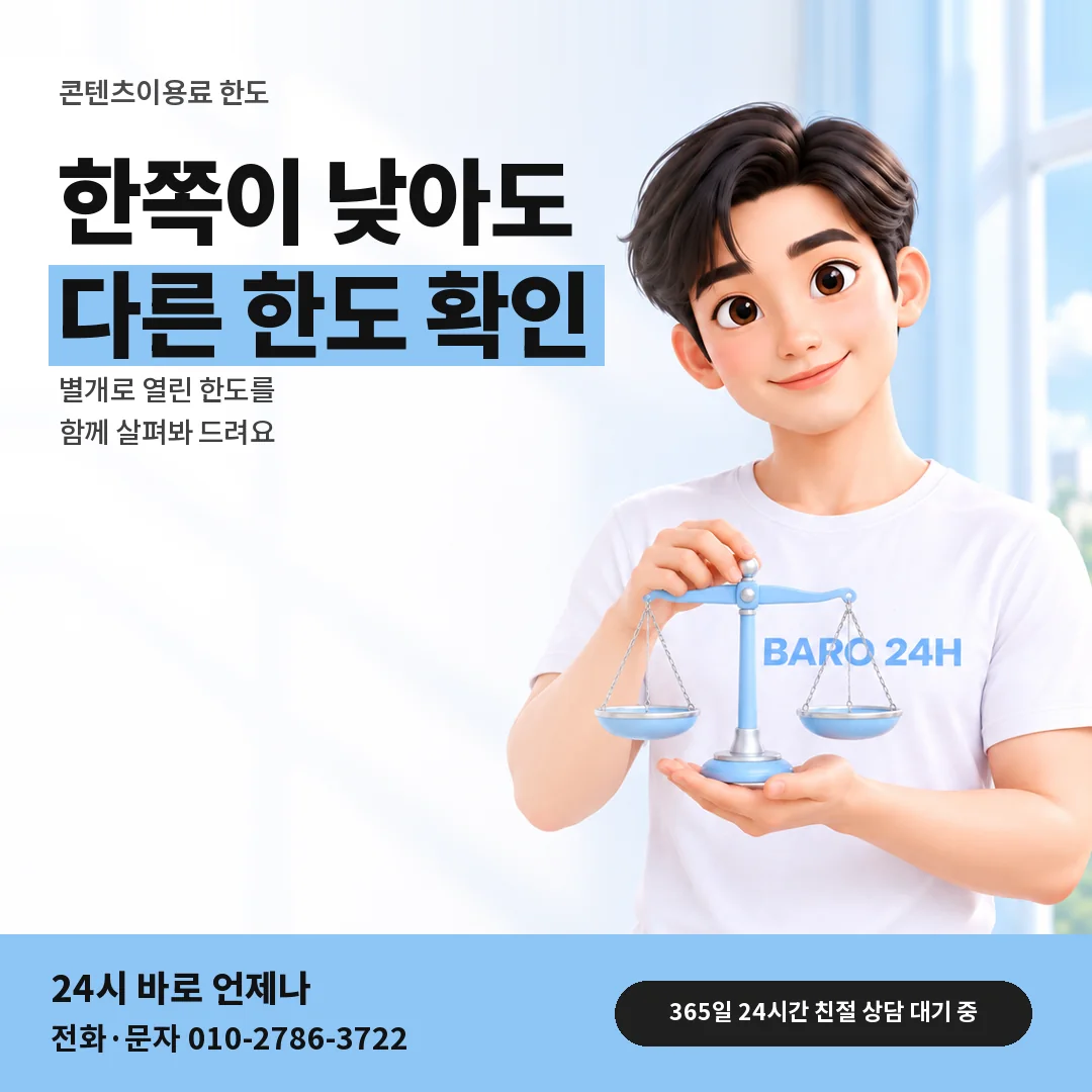 저울을 든 BARO 24H 티셔츠를 입은 3D 인물 옆에 「콘텐츠이용료 한도 함께 보기」 제목을 얹은 안내 카드