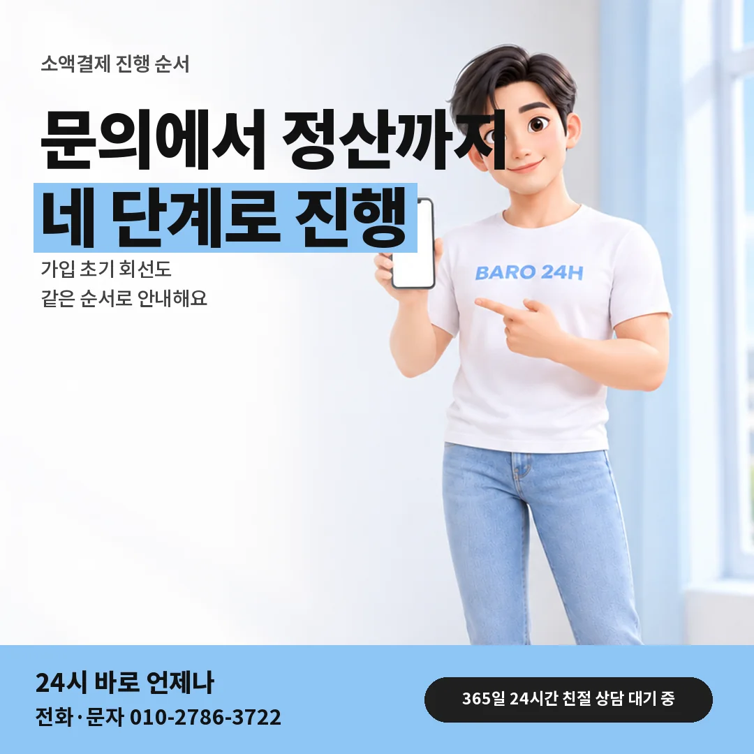 휴대폰을 보며 웃는 BARO 24H 티셔츠를 입은 3D 인물 옆에 「소액결제 진행 순서」 제목을 얹은 안내 카드