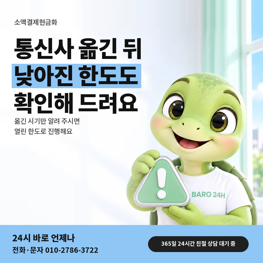 주의 표지판을 든 BARO 24H 티셔츠를 입은 3D 거북이 캐릭터 옆에 「소액결제현금화 번호이동 뒤 낮은 한도」 제목을 얹은 안내 카드